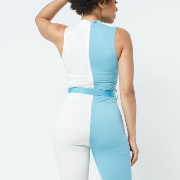 Women's Blue & White Sleeveless Color Block Sporty Romper - Picture 3 of 11